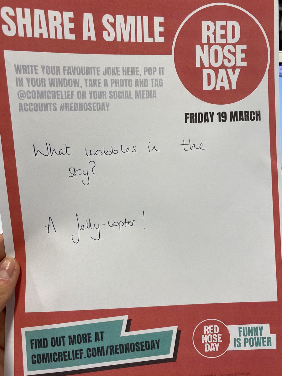 In homage to Red Nose Day (this Friday), I will be posting a  joke-a-day this week as part of the 'share a smile' campaign. 
Year 8 challenge: write your favourite/best joke on a piece of paper and send it to me to share. Let's share a smile, year 8. #CCYDyear8 #RedNoseDay