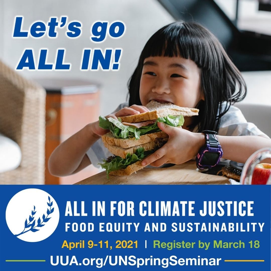 UUOfficeUN's tweet photo. We all build the future through our everyday actions. Come to the all-virtual #UNSpringSeminar Apr 9-11 to join together to build a future of Climate Justice, Food Equity, & Sustainability. Register by 3/18! Get ready to go #ALLINforClimateJustice https://t.co/zUXmw34Ol4 https://t.co/LePbVZ2vYf