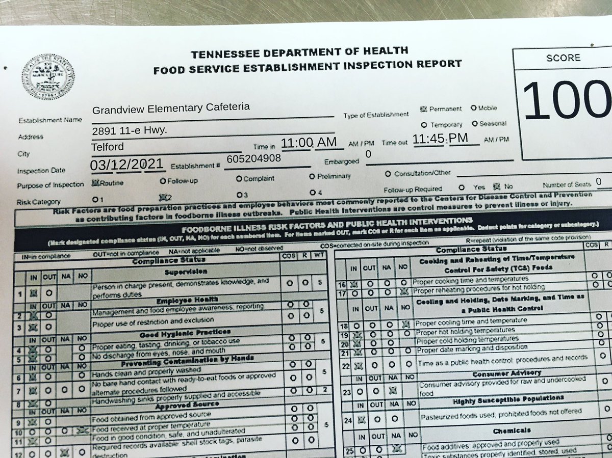 Big shout out to Candace and her team at Grandview Elementary Cafeteria for their perfect 💯 health inspection report! You all are amazing 🤩 We are so proud of all you do for the students at GV. 🙏🙌👏💥💯❤️🤩