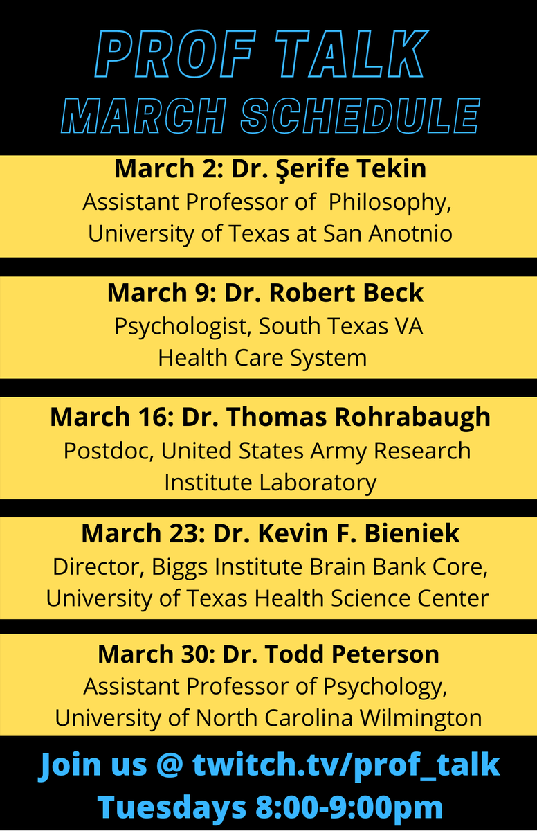 Prof_Talk_UTSA's tweet photo. Spring Break might be over, but Prof Talk is only getting going! Military Research, Brain Banks, and Animal models yet to come this March with #proftalk. #academictwitter #academicchatter #utsa #psychology #utsapsychology #HCaP @hcaputsa  #gradschool #college #careers @swanamama https://t.co/b4yPmKAVGt