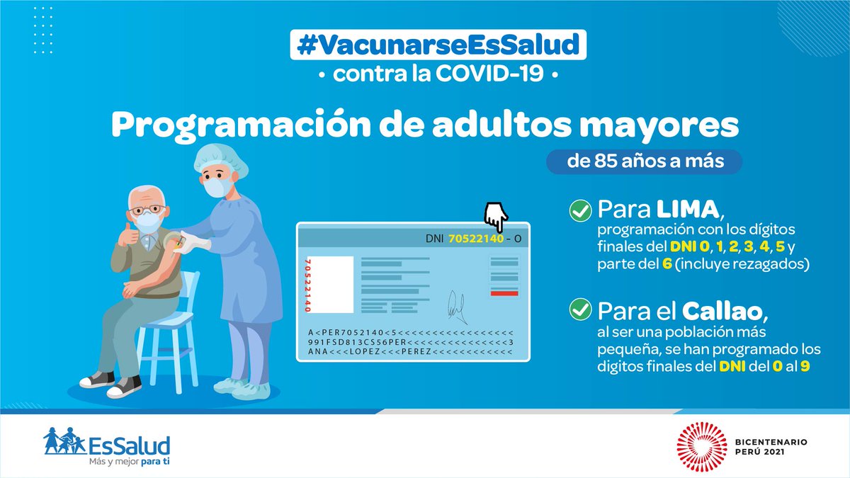 EsSaludPeru's tweet photo. EsSaludInforma🔉| Nos encontramos vacunando a los asegurados adultos mayores que tienen 85 años o más, con dígito final del DNI 0,1,2,3,4,5 y parte del 6 si viven en Lima Metropolitana y para el Callao, a los asegurados con el dígito final del DNI del 0 al 9.
#SeguimosEnGuardia💙 https://t.co/z1Cta0nAu3