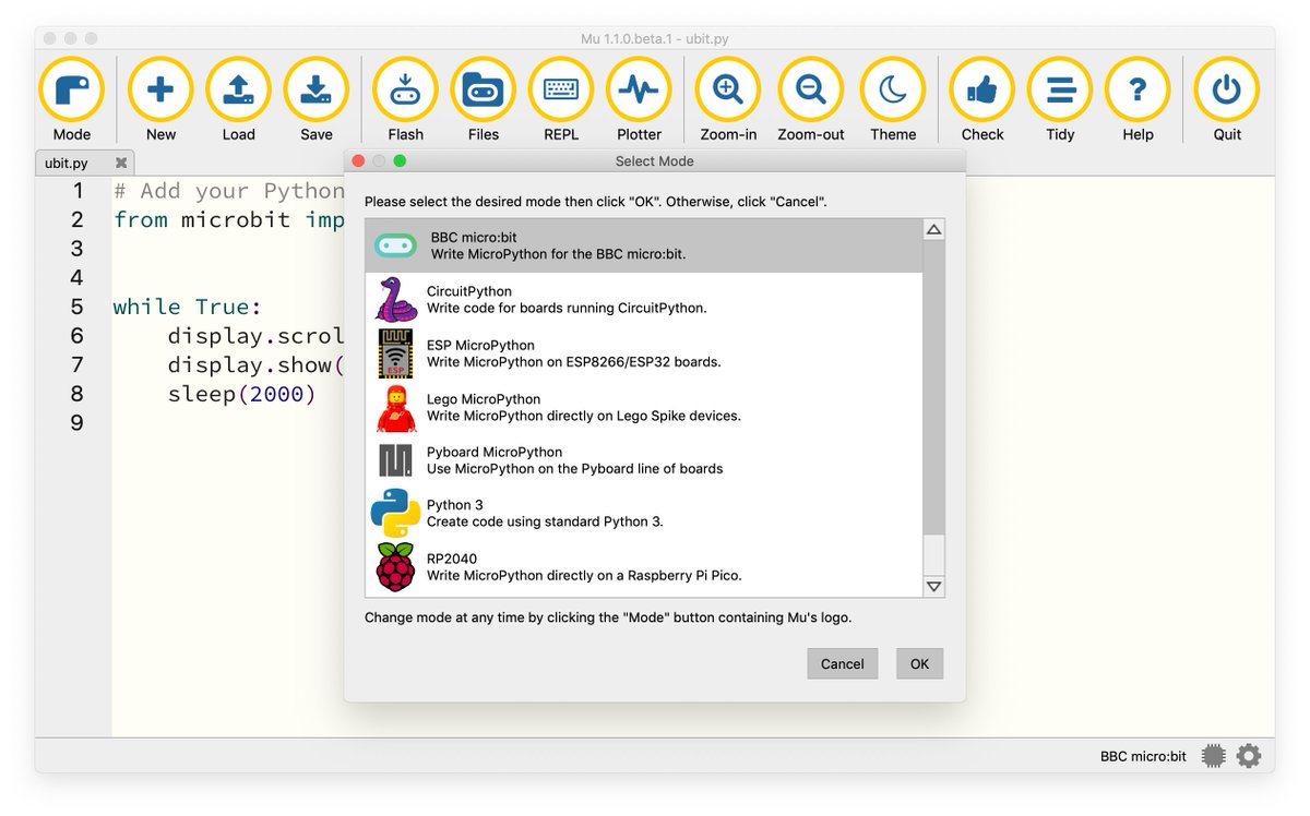 carlosperate's tweet image. 🐮 Mu Editor News 📢

We just released a BRAND NEW BETA 🎉
Too many exciting updates to list them all, but some of my favourites:
➡️ #microbit V2 support
➡️ #RaspberryPi Pico mode
➡️ More #CircuitPython boards supported
➡️ #Lego Spike mode
➕ much more!

codewith.mu/en/download