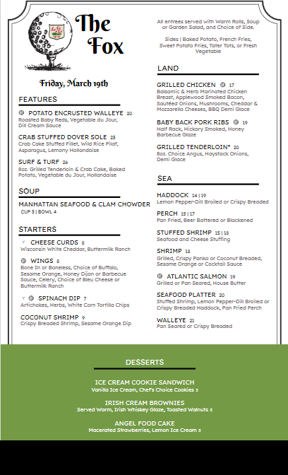 FVGCTheFox's tweet photo. Friday at The Fox | 5:00-9:00pm
Reservations: 920/766-1340 x2
To-Go: Before 5:30pm &amp; After 7:30pm https://t.co/eEf7ZrkhkY