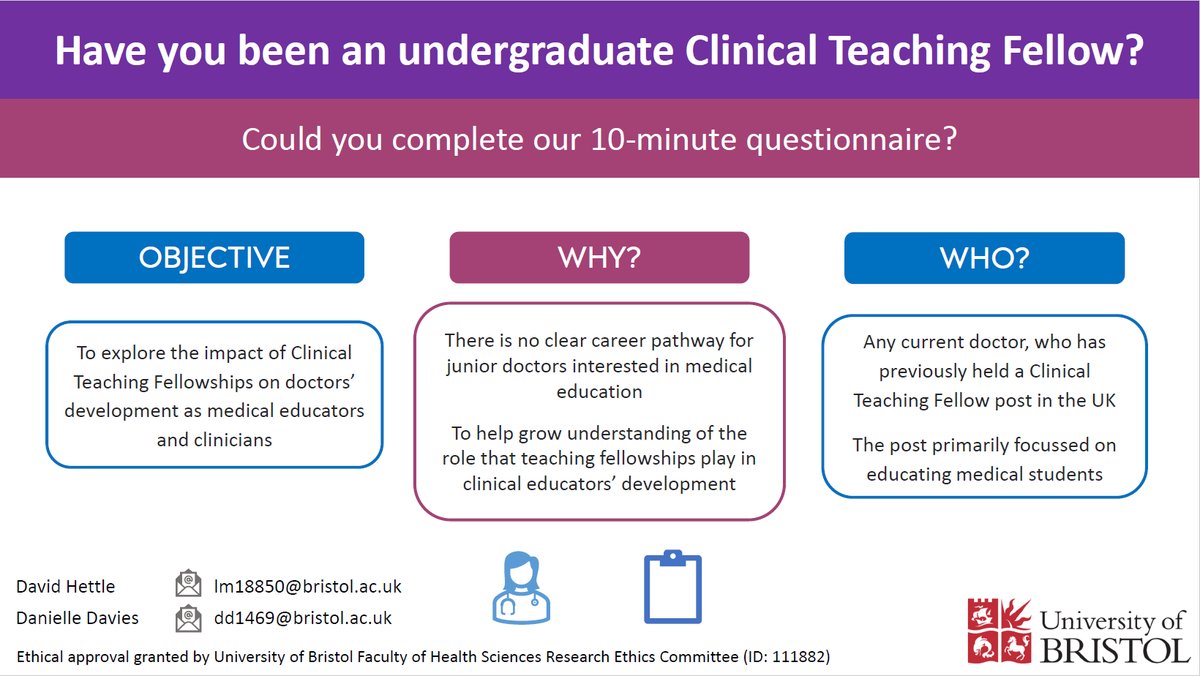 #MedEd world - have you been a UK-based undergrad Clinical Teaching Fellow?

If you have, please fill in our questionnaire (≤10 mins) - meded.onlinesurveys.ac.uk/ctfimpact 

Aim: scoping the role that CTF posts play for future MedEd-ers (Phase 1) (interviews to come)

Please RT #MedTwitter