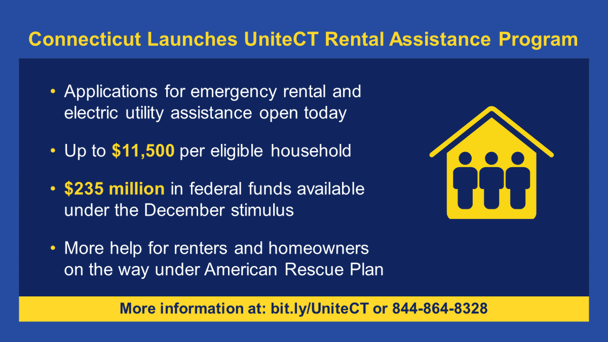 Today we announced the launch of #UniteCT, a new state program to provide rental and utility assistance to qualified Connecticut households financially impacted by COVID-19.

Applications are now being accepted.

MORE INFO: portal.ct.gov/Office-of-the-…