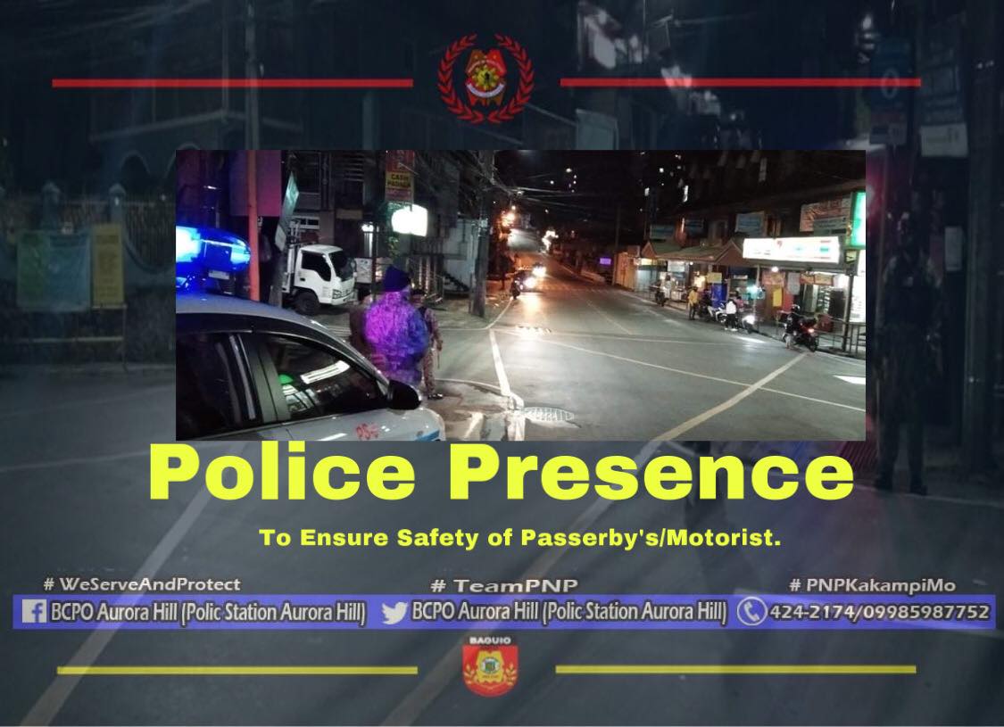 PNPBaguioStn6's tweet photo. Police Presence along M.Roxas - Rimando Intersection, Baguio City to ensure safety of passerby's/motorist, further, implement curfew in relation to General Community Quarantine (GCQ).
#TeamPNP
#PNPKakampiMo
#TeamPNP
#KeepSafeAll https://t.co/wwwBd4a2fT