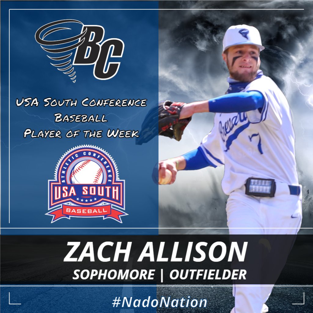 BCTornados's tweet photo. Baseball: Congrats to @BCNadoBaseball's Zach Allison, who earned USA South Baseball Player of the Week honors after his big offensive performance that helped @BrevardCollege go a perfect 3-0 last week! #NadoNation #d3baseball #MadeInTheUSASouth https://t.co/4DbfwGQ4pX