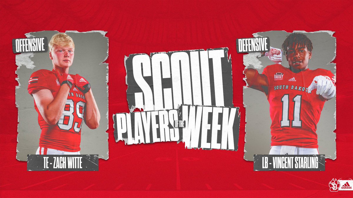 SDCoyotesFB's tweet photo. Shout out❗️ Week 3 Scout Team Players of the Week 🤟
🔴Offensive Scout POTW: TE, #89 Zach Witte
🔴Defensive Scout POTW: LB, #11 Vincent Starling
#WeAreSouthDakota | #DevelopCompeteWin https://t.co/Vfi3GEwQV3