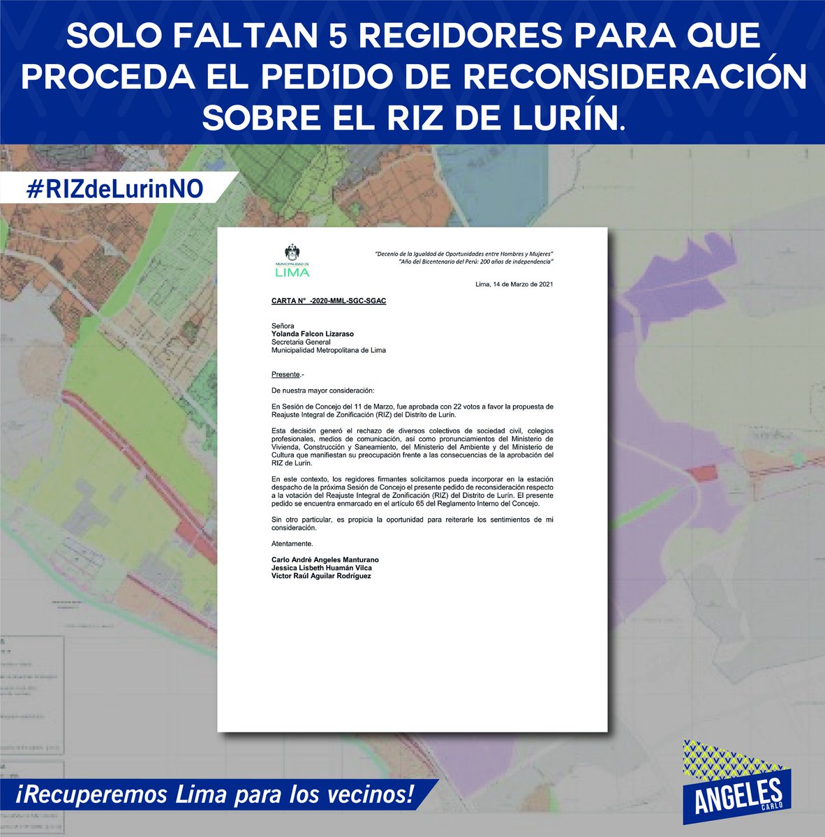 Faltan 5 regidores para que proceda el pedido de reconsideración del RIZ de Lurín. Nos quedan solo 24 horas. 

Es lamentable que pese al rechazo de los vecinos y de las opiniones técnicas aún exista un grupo de regidores bloqueando este pedido de reconsideración.

#RizDeLurinNo