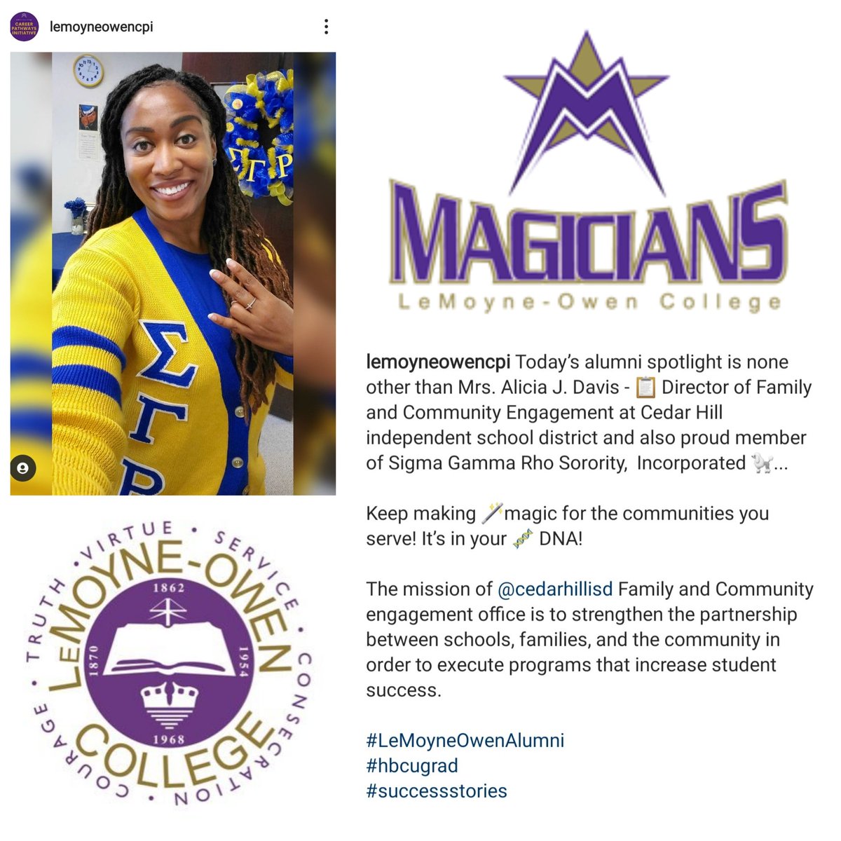Alicia J. Davis, M.S. (@aliciajdavis22) on Twitter photo Honored to be spotlighted by <a href="/lemoyneowencpi/">LOC_CareerPathways</a> What a pleasant surprise! I love my LOC!!! Check out the original IG post: instagram.com/p/CMc35aggdWK/β¦ #LOC #HBCUPride #LeMoyneOwenCollege ππ #SigmaGammaRho πππ© #CedarHillISD β€οΈπ€ Honored to be spotlighted by <a href="/lemoyneowencpi/">LOC_CareerPathways</a> What a pleasant surprise! I love my LOC!!! Check out the original IG post: instagram.com/p/CMc35aggdWK/β¦ #LOC #HBCUPride #LeMoyneOwenCollege ππ #SigmaGammaRho πππ© #CedarHillISD β€οΈπ€