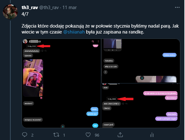 th3_rav's tweet photo. 7/8

Trzecie kłamstwo: "Zerwaliśmy chyba miesiąc temu". Napisane 31 stycznia. Jak wiecie z moich poprzednich wpisów, 13 stycznia nadal byliśmy parą. Czyli @shiianah manipuluje datami. https://t.co/zAZtSicXJu