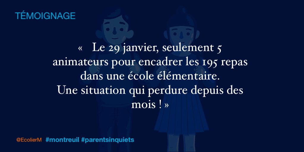 EcolierM's tweet photo. ✏️ Témoignage #ecole @montreuil 

"Le 29 Janvier, seulement 5 animateurs pour encadrer les 195 repas dans une école élémentaire. Une situation qui perdure depuis des mois !"

@PatriceBessac #parentsinquiets https://t.co/YYDgWqk0S6
