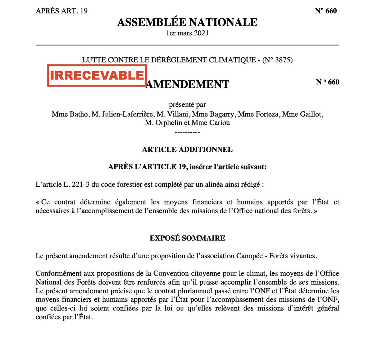 Dans les débats sur le #PJLClimat, les amendements pour les forêts ont (presque) tous été déclarés « irrecevables », notamment celui sur les moyens de l’ONF.