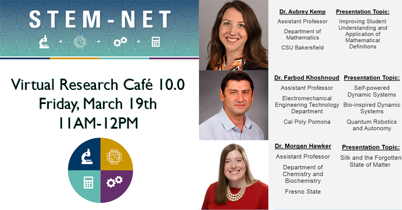 Looking to collaborate on a research project? Check out our Virtual Research Café 10.0 presenters and register to our event here: calstate.zoom.us/meeting/regist… #csustemnet <a href="/CSUBakersfield/">CSUB</a> <a href="/calpolypomona/">Cal Poly Pomona</a> <a href="/Fresno_State/">Fresno State</a>