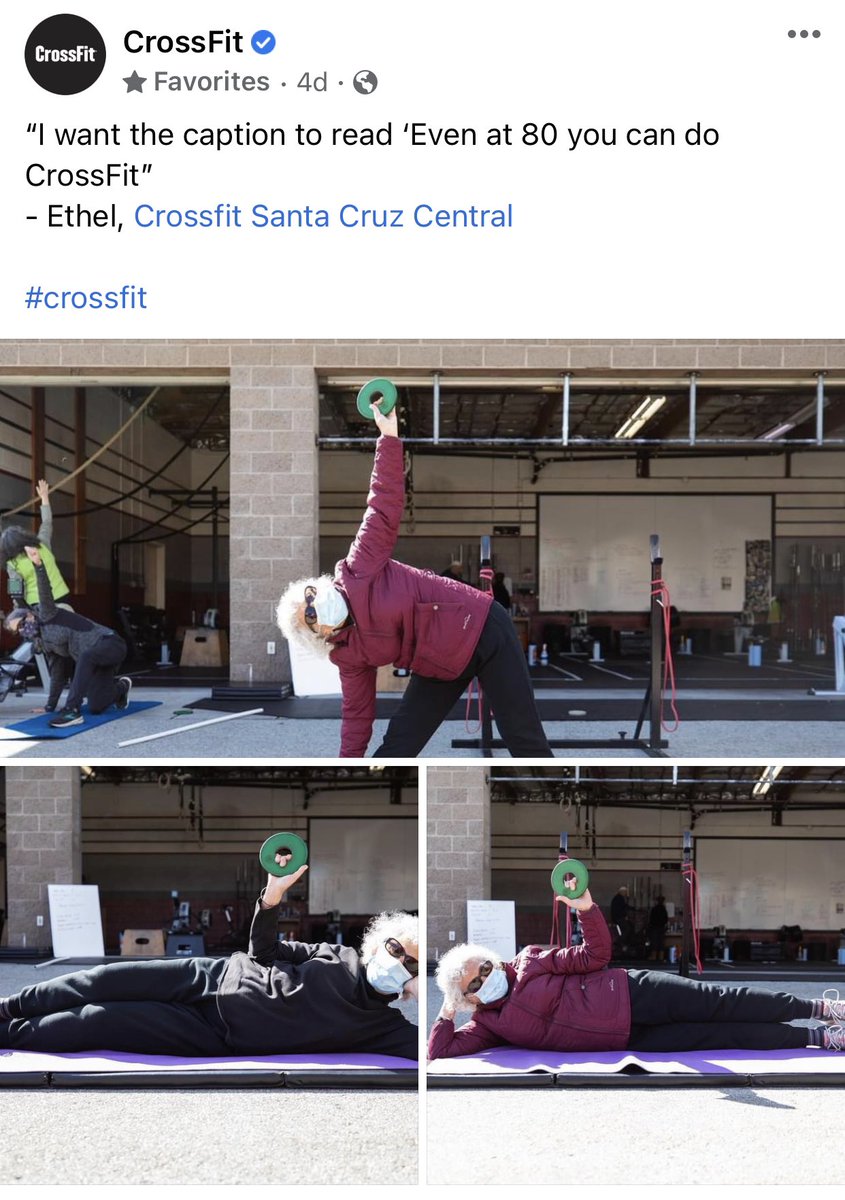 There really is no time in your life where exercise isn’t shown to be beneficial for your health. Physical activity has been compared to a “NUTRIENT” for both your brain and body. Ethel gets it. Be like Ethel. 

Come see us at crossfitviral.com