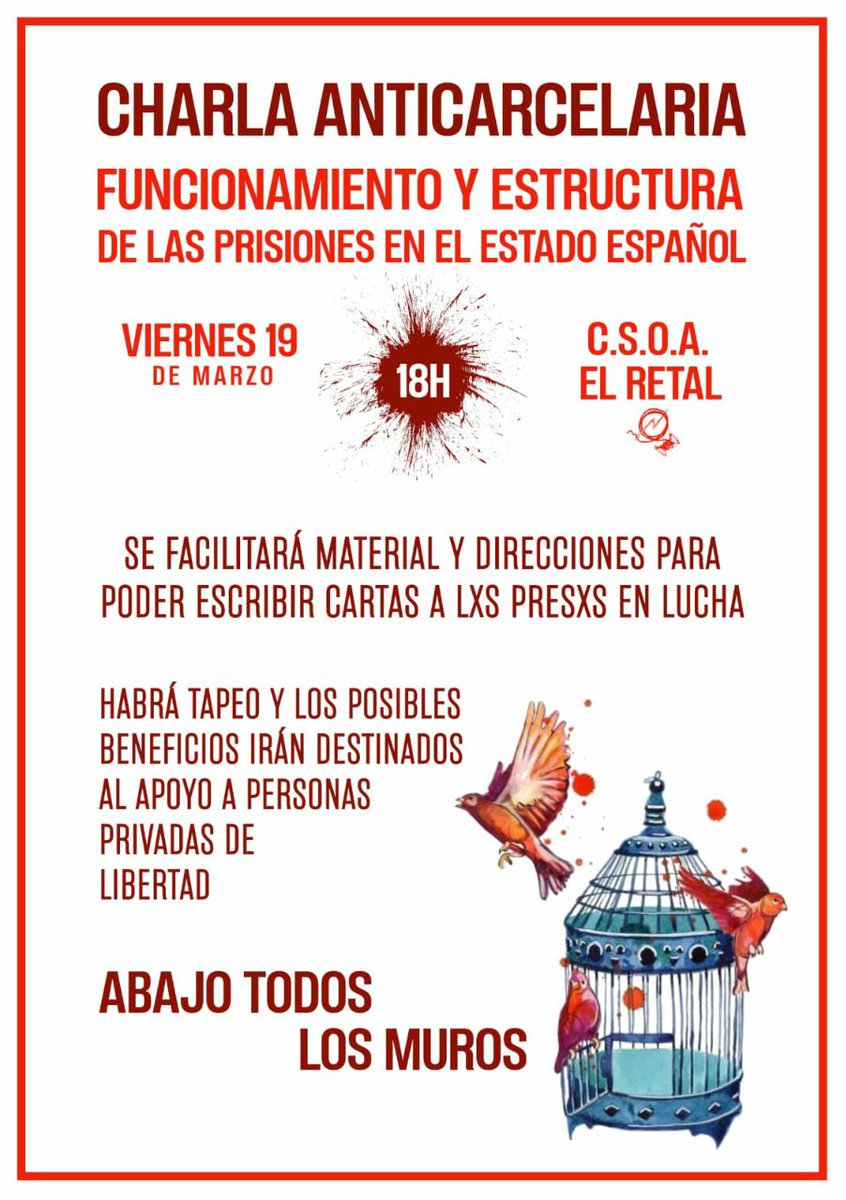 [#Murcia] El próximo viernes 19 de marzo estarán contando en el CSOA El Retal el funcionamiento y la estructura de las prisiones españolas.

🕕 A las 18:00h
📨 Habrá espacio de carteo