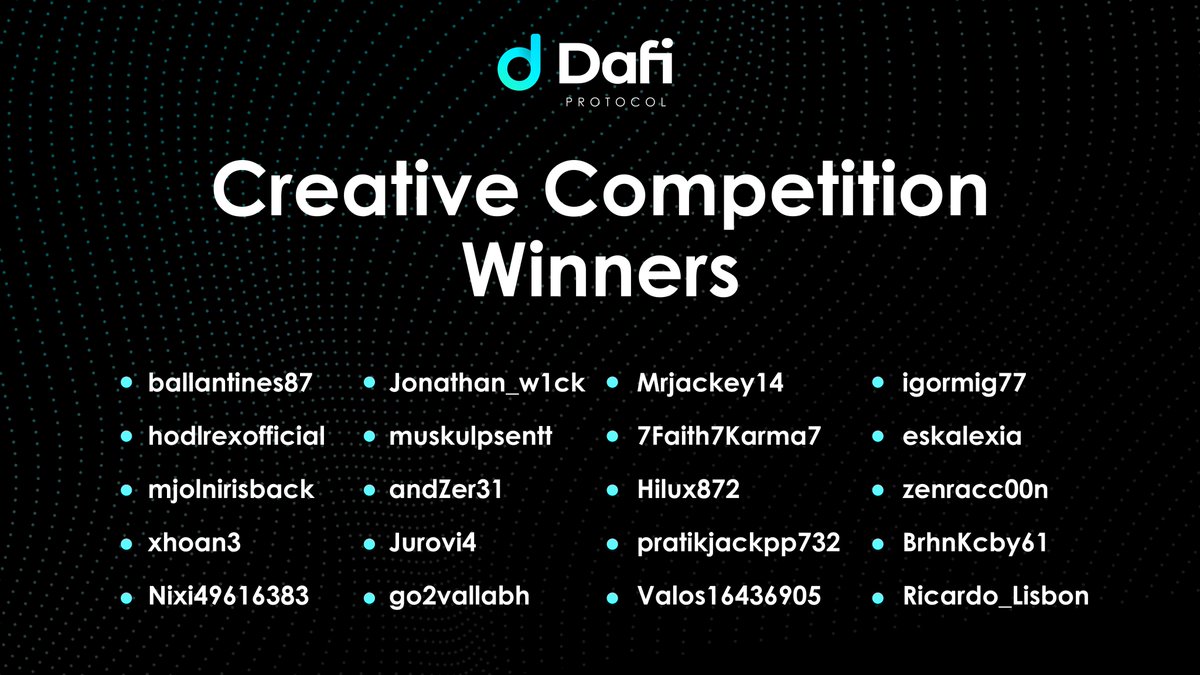 DafiProtocol's tweet photo. The Creative Competition winners have been posted below for transparency 🎉

Thank you to everyone who participated!

#DAFI #TGE $DAFI https://t.co/Yc3YzEuxKb