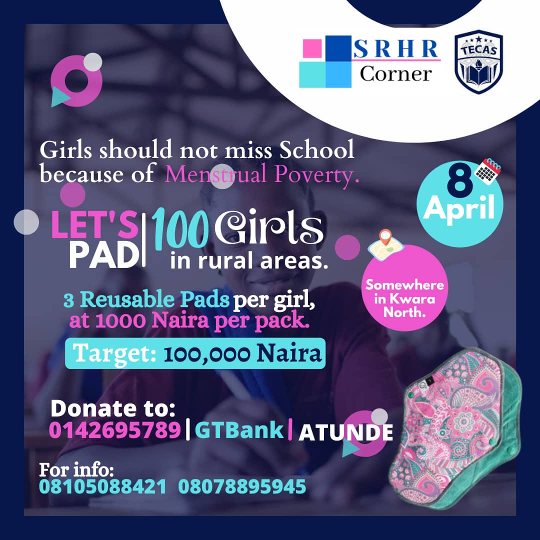In partnership with @SRHRCorner, we are hoping to provide 300 reusable pads to 100 girls who may be missing school due to #MenstrualPoverty in the core parts of the Kwara North. 

Cost 100,000 Naira - 1000 Naira per pack of 3 pads.

Donate to
0142695789|GTBank

#PadAGirl