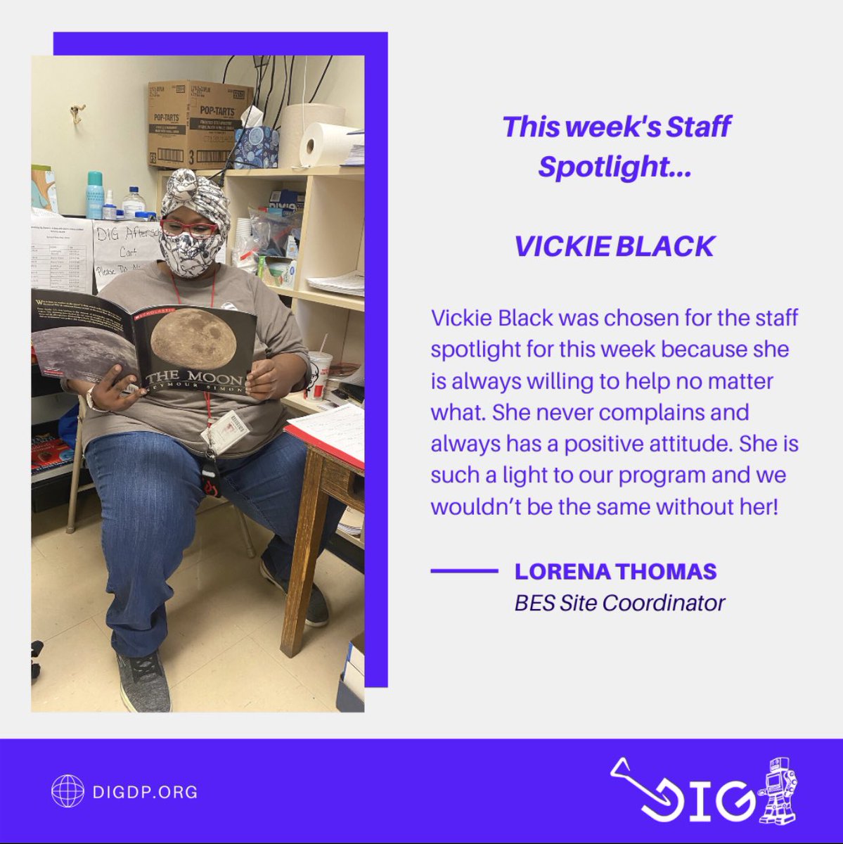 DigdpInfo's tweet photo. We congratulate Ms. Black for being our second  “Staff Spotlight” and appreciate all that she does for our “Dreamers”!

If you see Ms. Black this week, please make sure you congratulate her!!! https://t.co/r6cbWNqdim