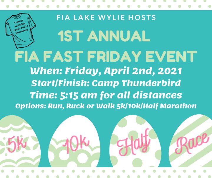 FiA Lake Wylie (@fialakewylie) on Twitter photo Have you heard about Fast Friday?! Our 1st annual 5k, 10k and half on Good Friday! 0515 on Friday April 2! All FiA, F3 and 2.0s welcome. Sign up here! <a href="/F3LakeWylie/">F3 Lake Wylie</a> <a href="/FiAFortMill/">FiA Fort Mill</a> <a href="/F3Gastonia/">F3 Gastonia</a> ➡️ docs.google.com/forms/d/1XBXVr… Have you heard about Fast Friday?! Our 1st annual 5k, 10k and half on Good Friday! 0515 on Friday April 2! All FiA, F3 and 2.0s welcome. Sign up here! <a href="/F3LakeWylie/">F3 Lake Wylie</a> <a href="/FiAFortMill/">FiA Fort Mill</a> <a href="/F3Gastonia/">F3 Gastonia</a> ➡️ docs.google.com/forms/d/1XBXVr…