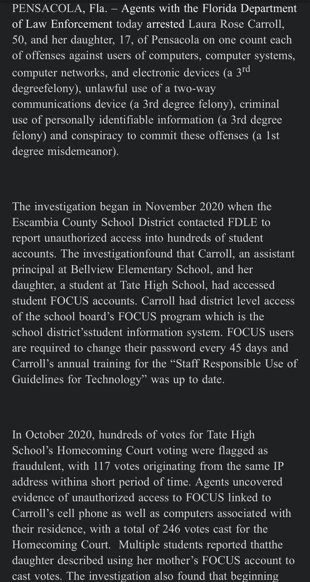 PatriciaMazzei's tweet photo. Quite the news release from the Florida Department of Law Enforcement, regarding voter fraud in...a high school homecoming court election (!) https://t.co/K4s1E8SOEm