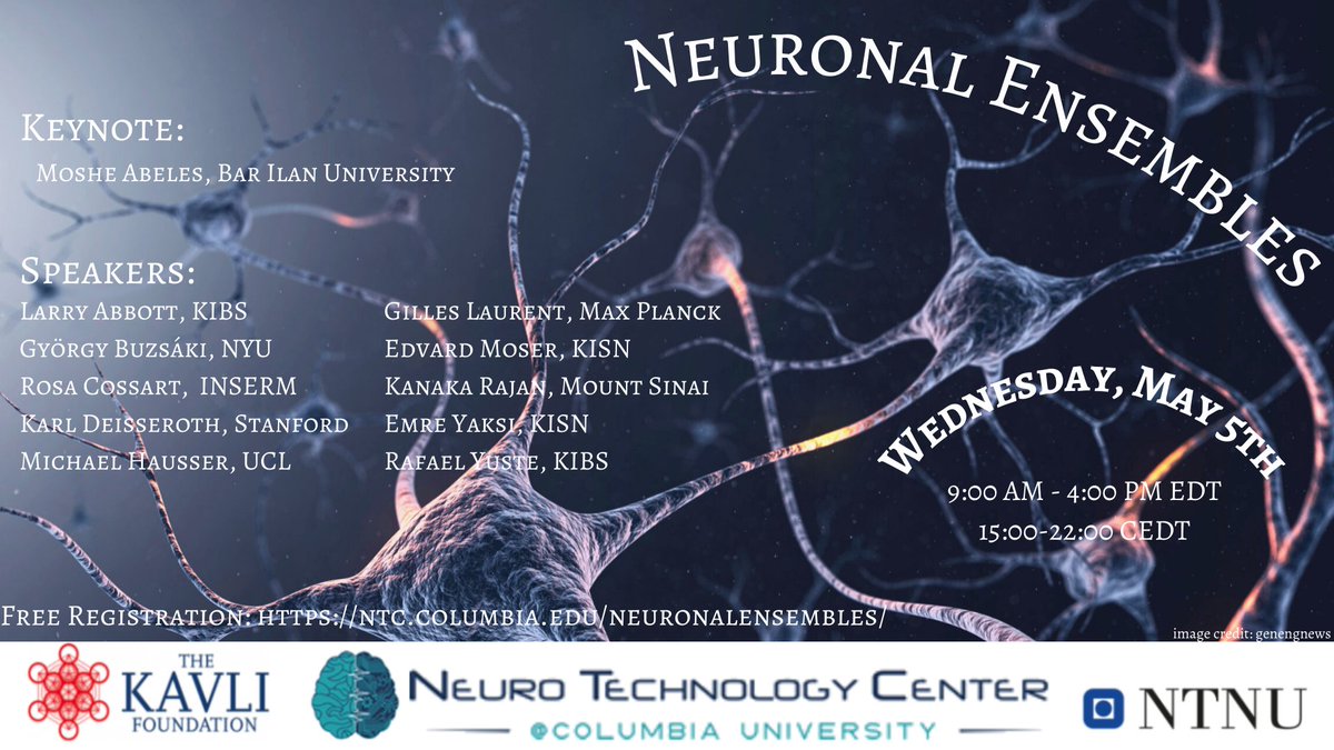 Hosting an exciting online Symposium May 5th on Neuronal Ensembles with Emre Yaksi, as a collaboration between Kavli Institutes of Columbia's and NTNU. Great speakers!. Free registration here: ntc.columbia.edu/neuronalensemb…