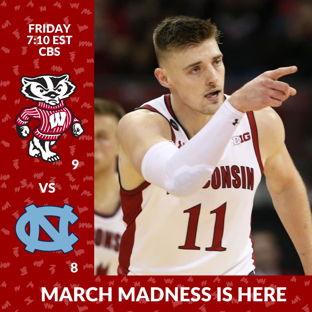 BostonBadgers's tweet photo. Who else is excited for the return of March Madness?! 🏀🏆 Watch @BadgerMBB take on @UNC_Basketball this Friday at 7:10pm on CBS! 🦡👐🎉 https://t.co/q4oAWQd69M