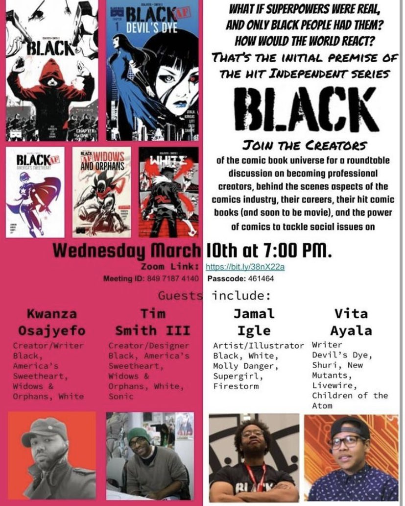 TCHSComicClub's tweet photo. Wednesday we recorded a special Q & A with the creators of the series @BLACKthecomic. For those unable to attend, here’s the link: https://t.co/iVoZA3YpDK. Special thanks again to @kwanzer @TS3 @JAMALIGLE and @definitelyvita for engaging with us for a fun conversation! #tchscbmc https://t.co/PVu7kUpUSL
