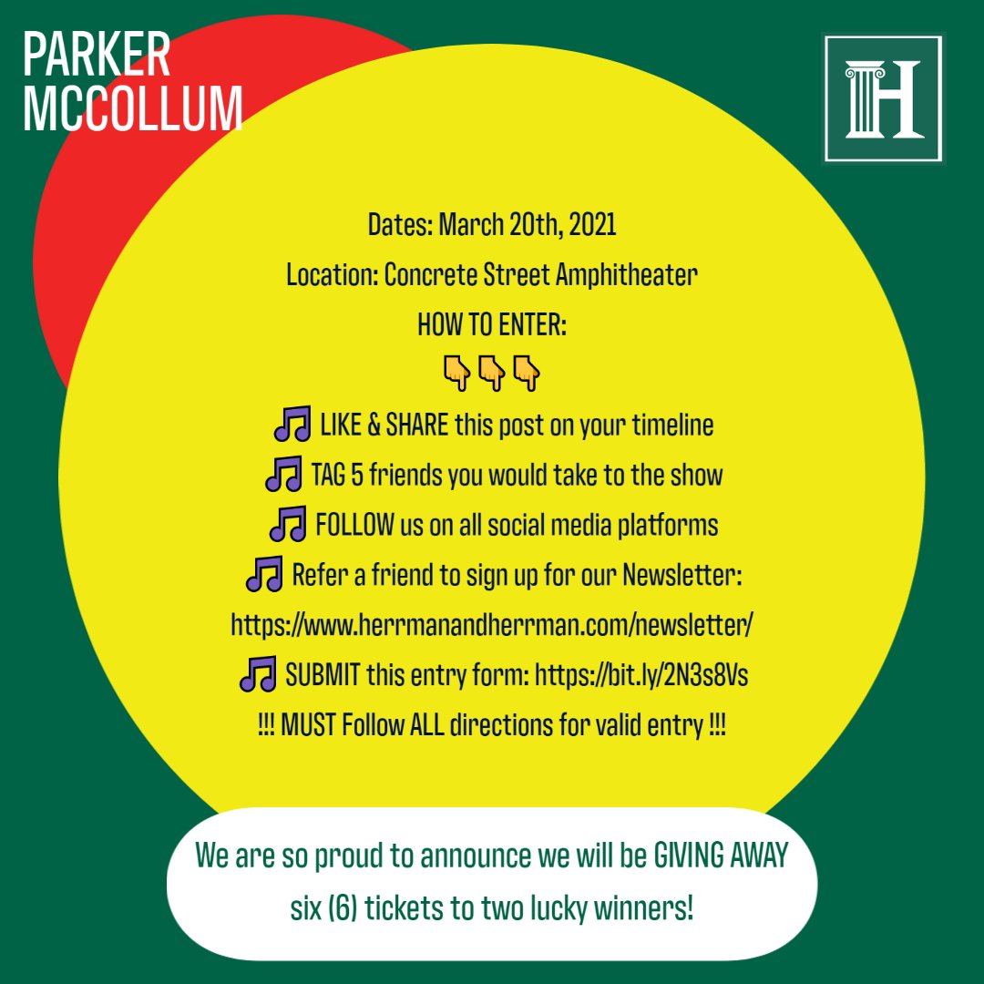 herrmanlawfirm's tweet photo. #Giveaway: 2 winners will be
chosen, and each will share a table with 5 of your
closest friends to see #ParkerMcCollum
Dates: March 20th at @ConcreteStreet
Time: 7PM
Winner announced 3/18
#herrmanlawfirm #AlwaysPuttingYouFirst
!!!MUST Follow ALL directions for valid entry!!! https://t.co/5shlD9romk