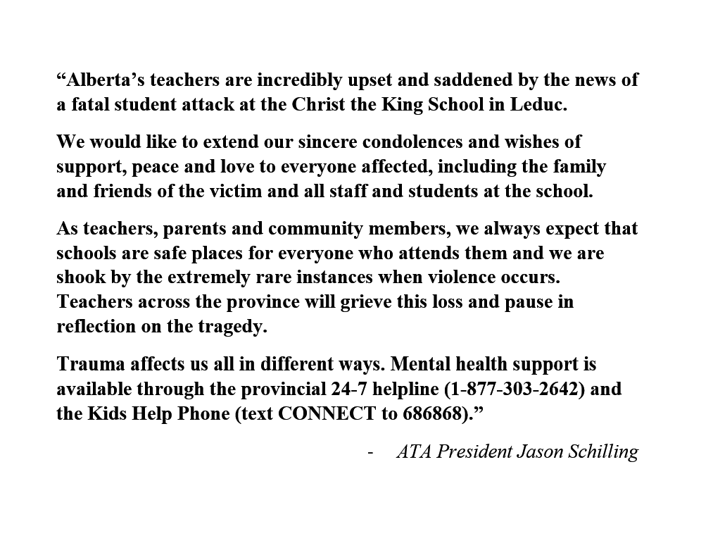 albertateachers's tweet photo. Alberta’s teachers are incredibly upset and saddened by the news of a student death in Leduc today. #abed https://t.co/NDuwwW1I8t