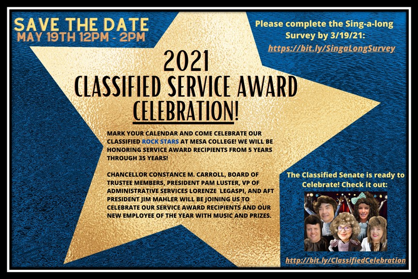 Join us in celebrating our Classified Professionals at our 2021 Classified Service Award Celebration on May 19th @ 12 pm! 

Our Classified Executive Team is ready to celebrate! 
Check it out: bit.ly/ClassifiedCele…
Remember to take the Sing-a-long survey: bit.ly/SingaLongSurvey