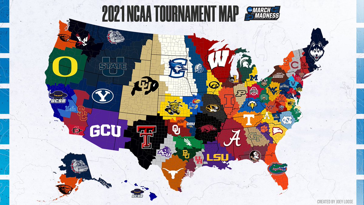 Ncaa March Madness On Twitter Marchmadness Map Each County Is Assigned To The Closest Team In The Bracket Via Jloose128 Redditcbb