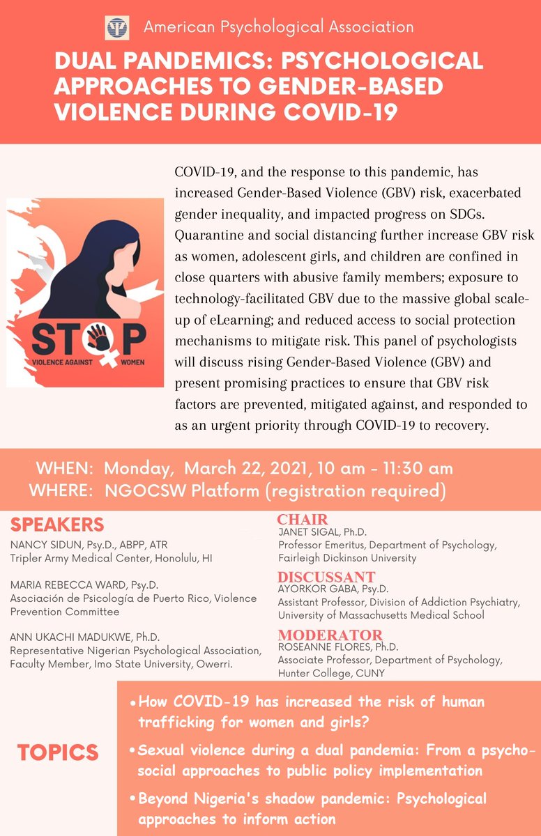 APAUNNGO's tweet photo. Join us for the NGOCSW65 virtual parallel side event: "Dual Pandemics: Psychological Approaches to Gender-Based Violence during Covid-19" on March 22 at 10 am - 11:30 am. See you there! https://t.co/mWEaEjqvqJ