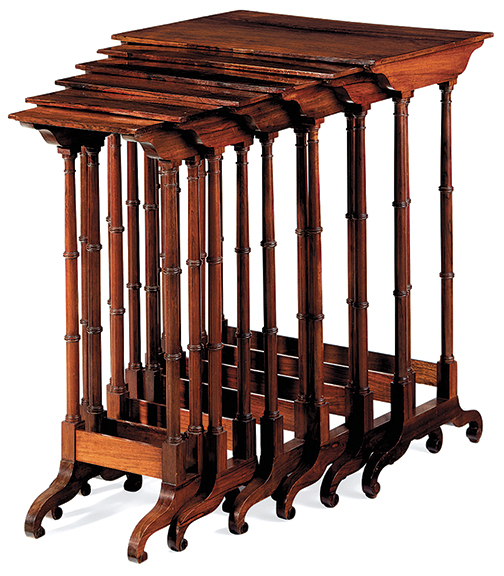 AntiqueDigest's tweet photo. Set of 6 Classical rosewood nesting tables documented to Duncan Phyfe and Son (1840-47), New York City, 1841. The set sold for $118,750 (est $50,000/80,000) at @ChristiesInc https://t.co/xr7pRbFzUy #antiques #antique #art #artist #Americana #Phyfe #furniture #classical https://t.co/VOUKjjdNRY