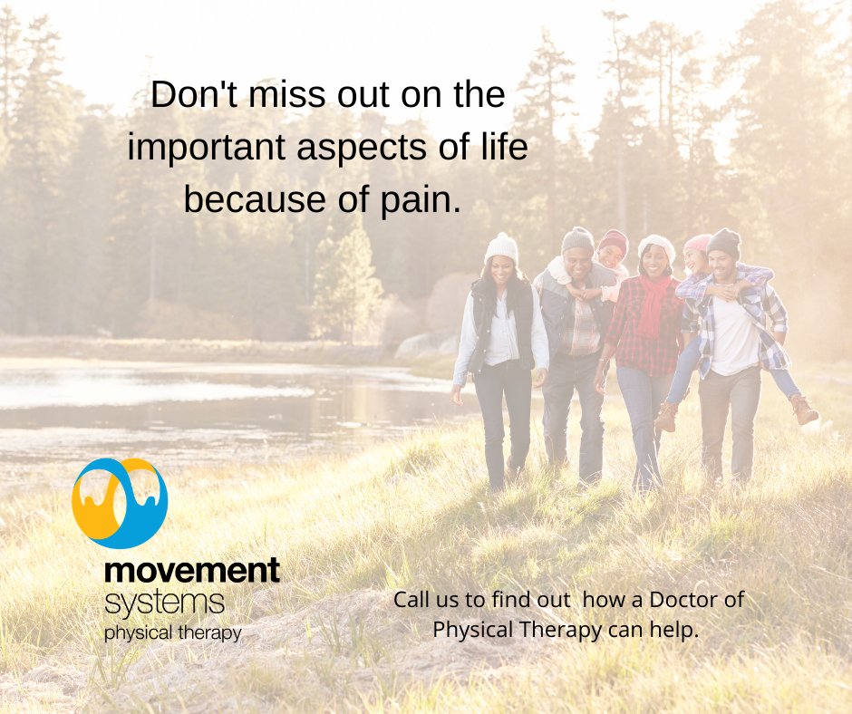 MoveSysPT's tweet image. Physical Therapists are experts in movement science and pain science.  We can get you back to doing what you love with movement related interventions. Call us today. movementsystemspt.com
#movementmedicine