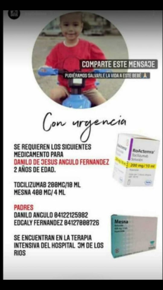 alexagomez2000's tweet photo. Para el bebé Danilo de dos años hospitalizado en terapia intensiva del JM De Los Ríos , se requiere con urgencia el medicamento tocilizumab. Cualquier institución o particular que pudiera tenerlo, adjunto los datos de los padres con sus números telefónicos. Gracias por sus RT’S https://t.co/k5zD25jP8m