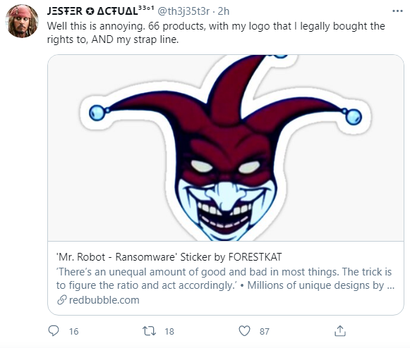 Lulz ... Doesn't Feel Good When People Take Your Stuff Does It Clown @th3j35t3r ? It's Quite Similar To How You 'Insinuate' 3301 In Your Twitter Name... ( ͡° ͜ʖ ͡°) Hey @redbubble @OnDemandTshirts @drawntobewild Don't Let This Clown Threaten You. #GhostSec #Anonymous #StupidClown