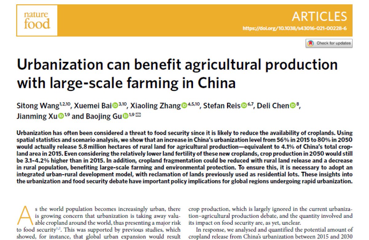 Xuemei Bai Does Urbanization Threat Foodsecurity Our New Paper In Naturefoodjnl Show That In China It Can Add 5 8million Ha Of Agricultural Land And 3 1 4 2 Higher Crop Production In 50
