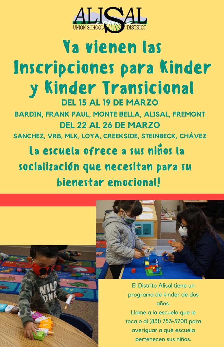 Socialization and peer interaction promotes healthy development in children. Enrollment for @AlisalUSD TK-K starts this week! You can contact (831) 753-5700 if you have questions.