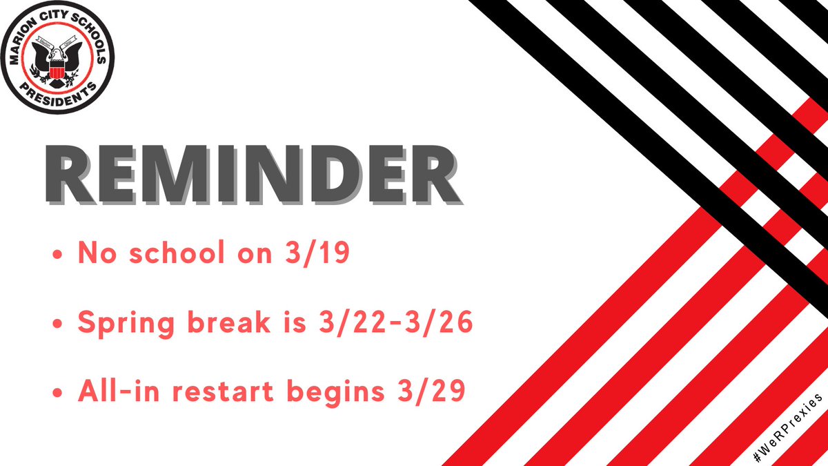 MCSPresidents's tweet photo. 📌 IMPORTANT REMINDERS 📌 There is no school tomorrow, March 19 and next week for spring break, March 22 through March 26. All-in restart for hybrid students begins March 29. #WeRPrexies https://t.co/FLS1ji8QzV