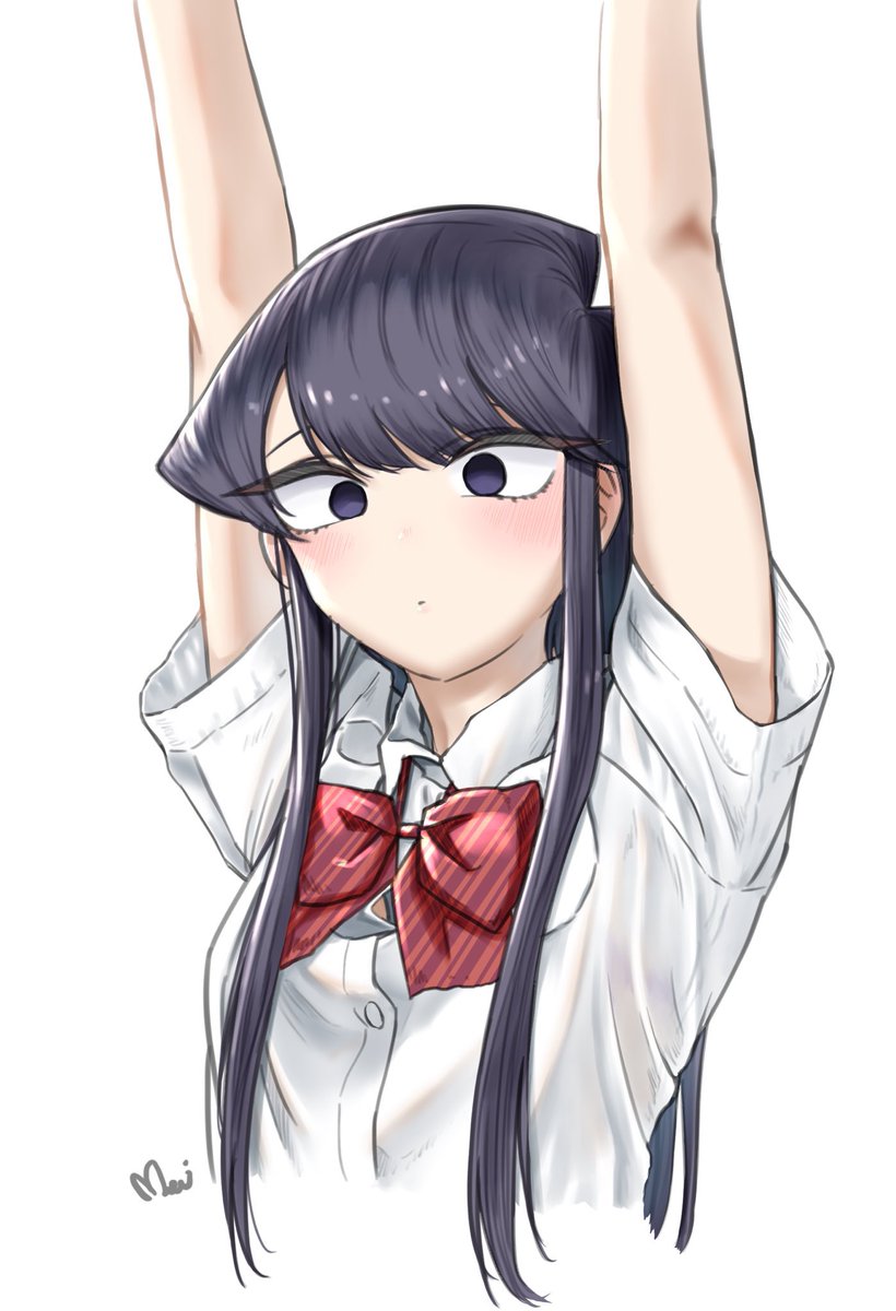 komi shouko 1girl solo long hair arms up white background bow shirt  illustration images