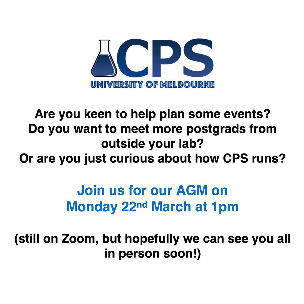 CPS Unimelb (@cps_unimelb) on Twitter photo Keen to get involved with CPS and connect with your fellow <a href="/ChemistryUoM/">School of Chemistry | University of Melbourne</a> postgrads? Join the committee for 2021! We're holding our Annual General Meeting on Monday 22nd March at 1pm (we've already emailed out the Zoom details 😀) Keen to get involved with CPS and connect with your fellow <a href="/ChemistryUoM/">School of Chemistry | University of Melbourne</a> postgrads? Join the committee for 2021! We're holding our Annual General Meeting on Monday 22nd March at 1pm (we've already emailed out the Zoom details 😀)