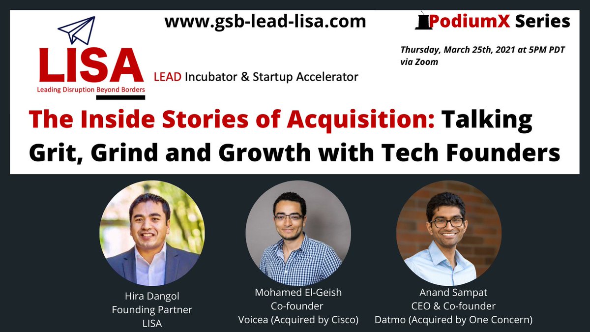 GSBLISA's tweet photo. Discussing with Tech Founder's Acquisition Stories w/ 
@elgeish at Voicea ( Acquired by Cisco Systems)
@AnandSampat  at Datmo( Acquired by One Concern) moderated by @hiradangol at @GSBLISA. Look forward to this incredible conversation sharing insights with Stanford GSB founders. https://t.co/aKx0EQYxzQ