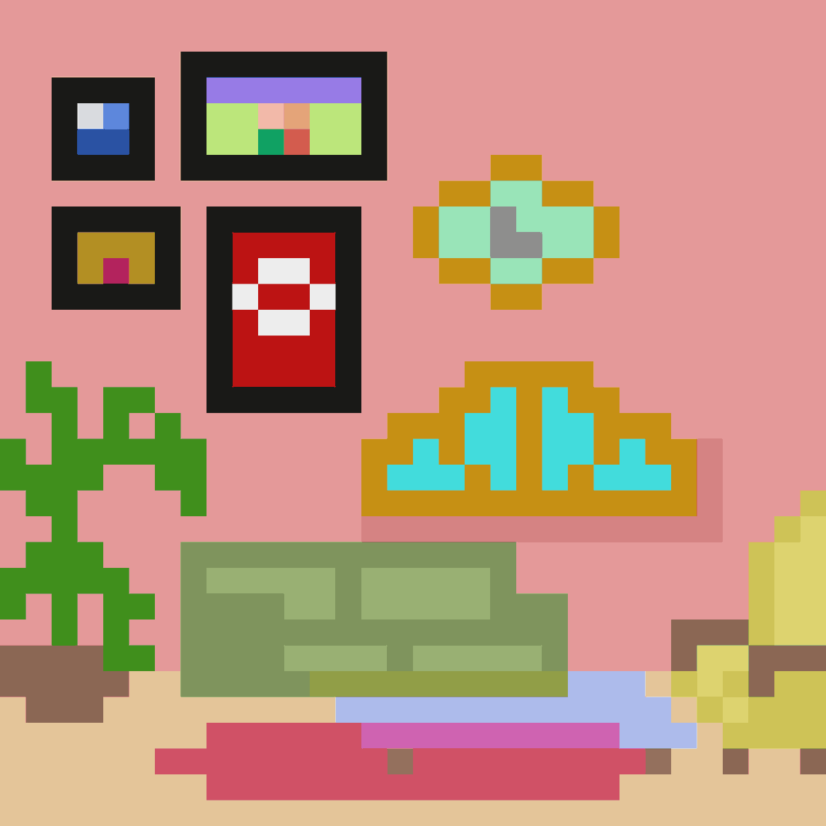 PixelsLittle's tweet photo. Tried visualizing my ideal space, this is what came out. Lots of colors, art, life, and furniture for hosting others. I noticed a lot of arch/oval vibes and it almost gave me a vintage/retro vibe. #pixelart https://t.co/8EmhXch4lW
