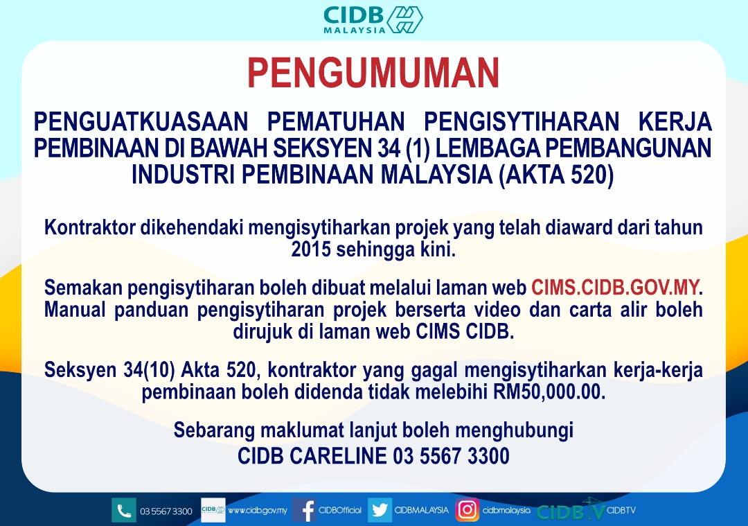 Uzivatel Cidb Malaysia Na Twitteru 3 3 Seksyen 34 10 Akta 520 Kontraktor Yang Gagal Mengisytiharkan Kerja Kerja Pembinaan Boleh Didenda Tidak Melebihi Rm50 000 00 Sebarang Maklumat Lanjut Boleh Menghubungi Cidb Careline 03 5567 3300 Https T Co