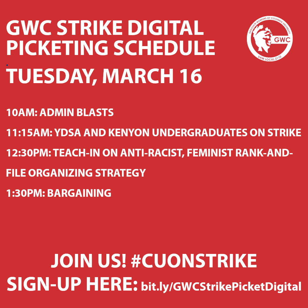 Join us on the pickets lines tomorrow! #CUonStrike 

SIGN-UP | In-person: bit.ly/GWCStrikePicket | Digital: bit.ly/GWCStrikePicke…