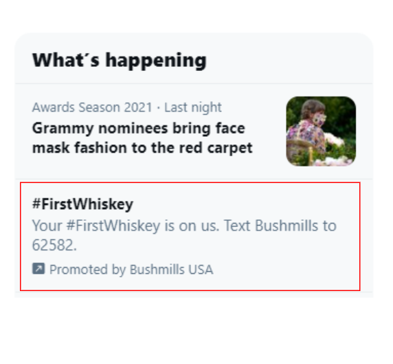 siyul's tweet photo. I just love how simple yet effective Twitter advertisement is.
Here is #FirstWhiskey by @BushmillsUSA congrats on a nice ad job💯
Just curious how effective it is compared to other social media?
Tons of potentials $TWTR, way to go! https://t.co/fQultAEHOq