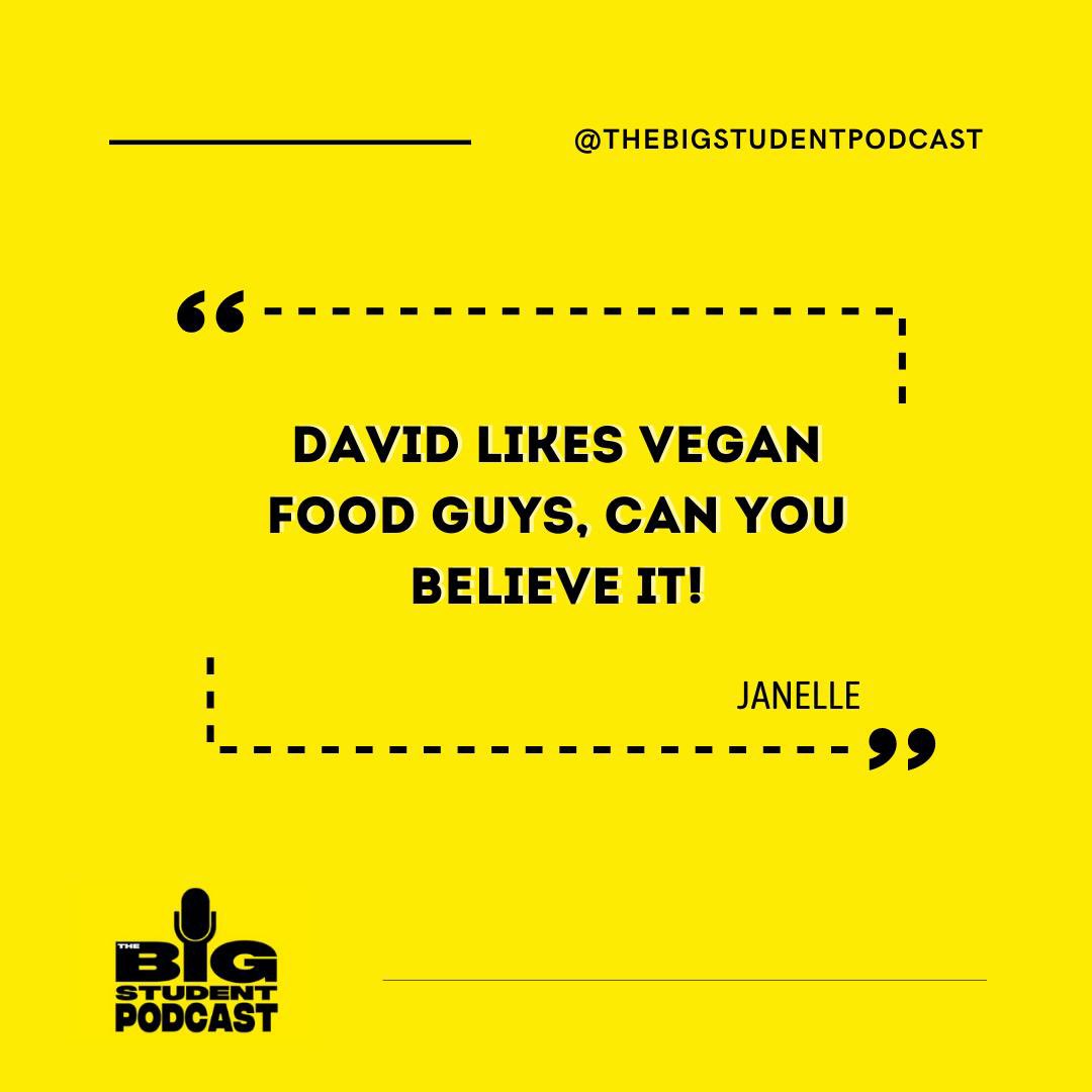 In episode 1 David tells us how he’s never tried vegan food and is convinced he won’t like it…

But make sure to listen to episode 4 to see how Janelle gets David to try vegan food and how his thoughts change 😧🍔

Episode 5 coming to you this Thursday 🎙

#thebigstudentpodcast