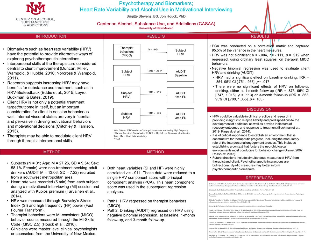 "Psychotherapy and Biomarkers: Heart Rate Variability and Alcohol Use in Motivational Interviewing" by Brigitte R. Stevens at University of New Mexico. <a href="/brigitte_mj/">Brigitte Stevens</a> <a href="/UNM/">Univ. of New Mexico</a> #CPA2021 #AddictionPosters2021