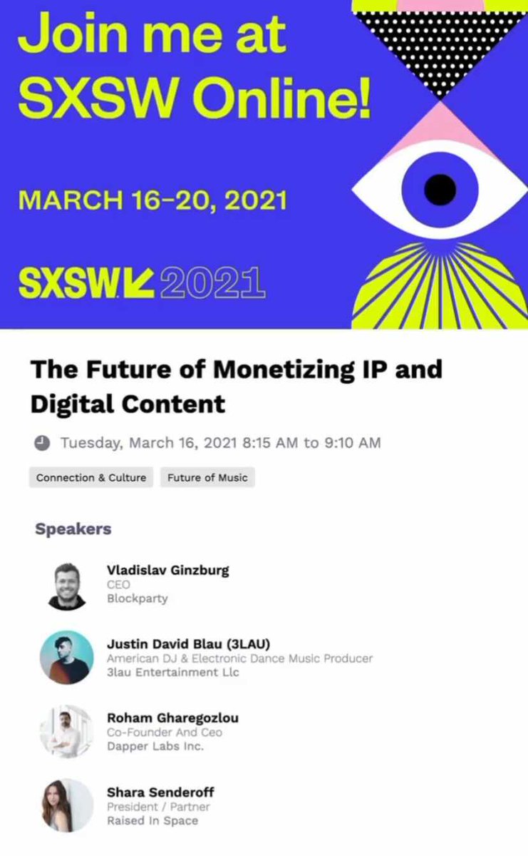 Tune in tomorrow morning to this epic <a href="/sxsw/">SXSW</a> panel with our very own @vlad_ginzburg and friends of Blockparty, @rohamg <a href="/SharaSenderoff/">Shara Senderoff</a> and @3LAU.

They will be talking #NFT, IP, and monetizing digital content in the future!